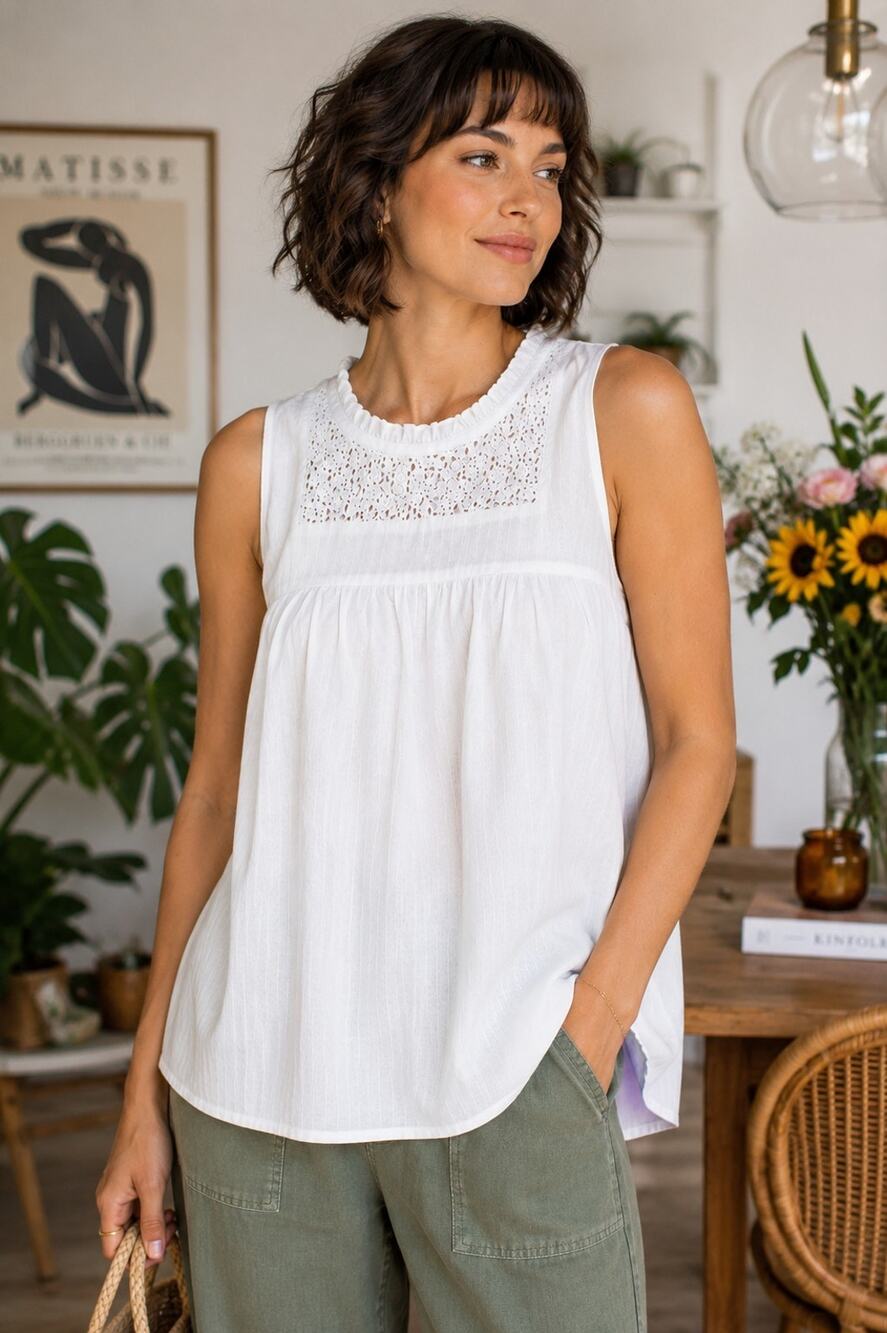 Tulip B WhiteSleeveless Babydoll Tank Top Lace Yoke Textured NWT Small
